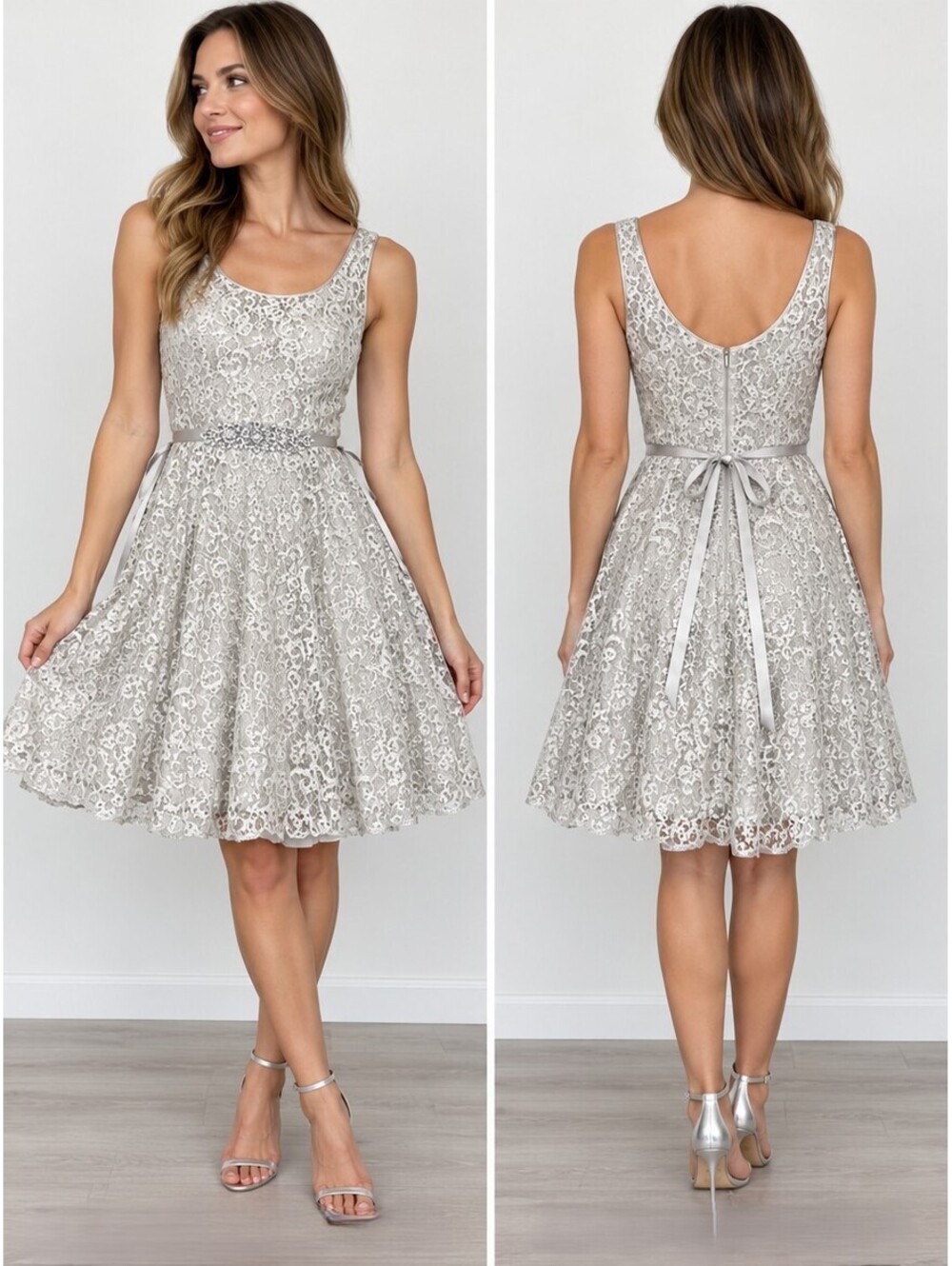 Betsy & Adam Womens 6 Silver Metallic Lace Rhinestone Tulle Cocktail Party Dress